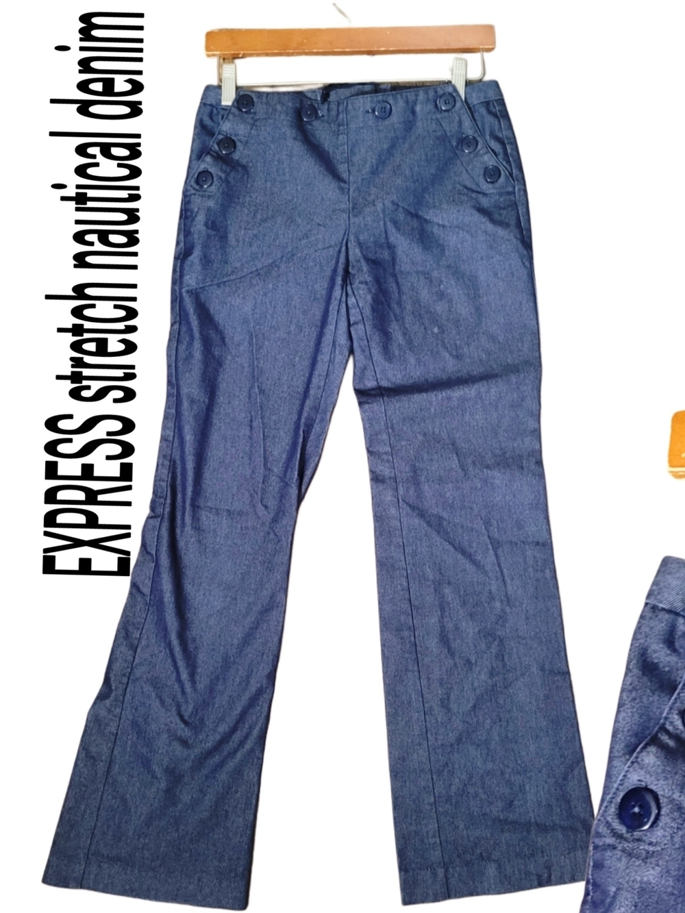 Retro Express Back Lace Up Sailor Button Nautical Stretch Denim